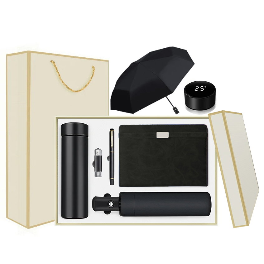 Set cadou business LEBLOU cu agendă, pix, termos cu afisaj digital, umbrelă și USB, negru