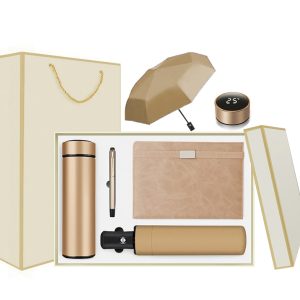 Set cadou business LEBLOU cu agendă, pix, termos cu afisaj digital, umbrelă, auriu