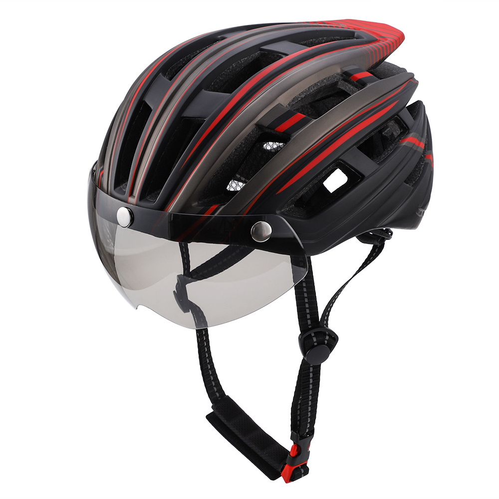 Cască bicicletă LEBLOU cu vizieră magnetică și stop LED, negru/roșu