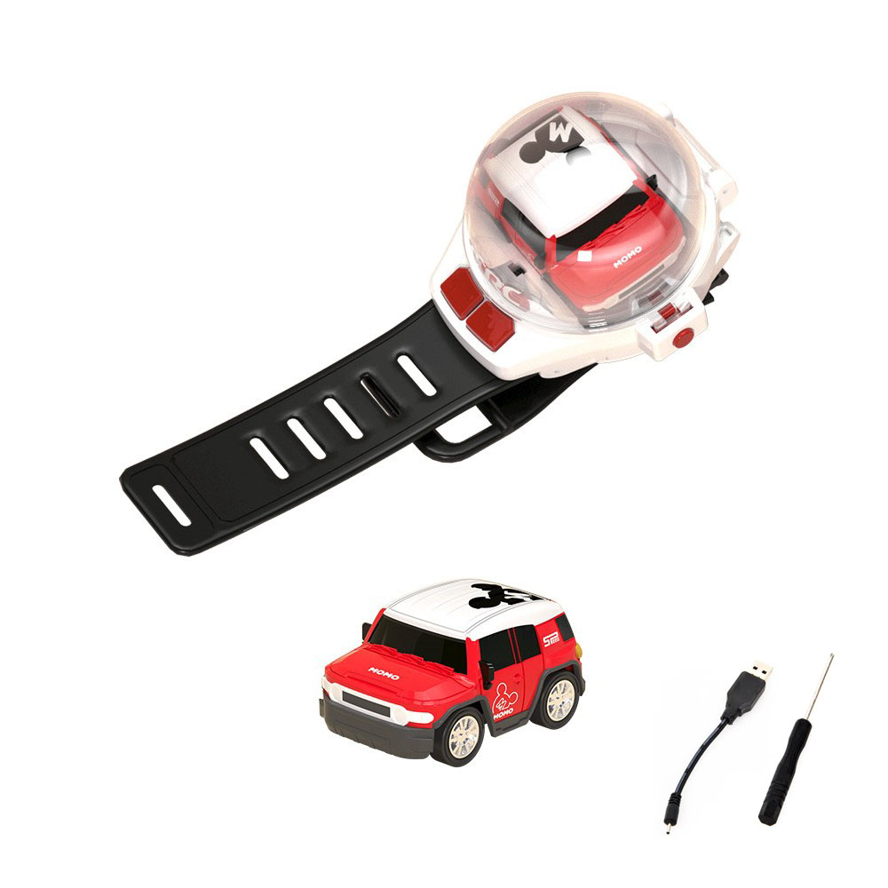 Bratara tip ceas cu masinuta SUV de jucarie in interior construita din aluminiu, controlabila prin telecomanda atasata bratarii, acumulator reincarcabil incorporat in masinuta, timp functionare 1 ora, lumina led spate, Rosu cu Alb