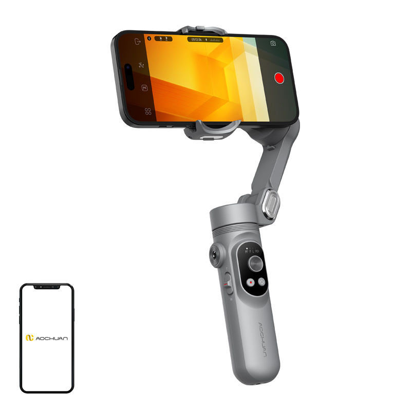 Gimbal smartphone AOCHUAN X cu stabilizare 3 axe, urmărire inteligentă și iluminare, gri