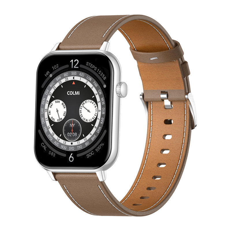 Smartwatch COLMI C28 cu AMOLED, apeluri Bluetooth și curea piele maro, argintiu